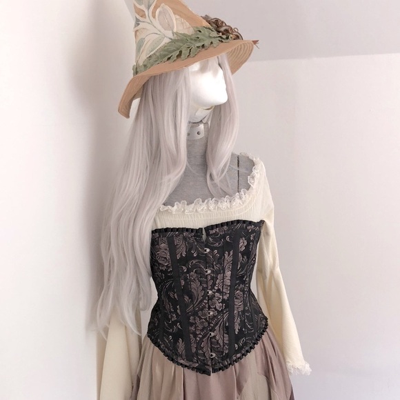 Handmade Tops - 25” Overbust Corset Ruffle Black Pink Lilac Pattern Damask Jacquard Witchy Fairy